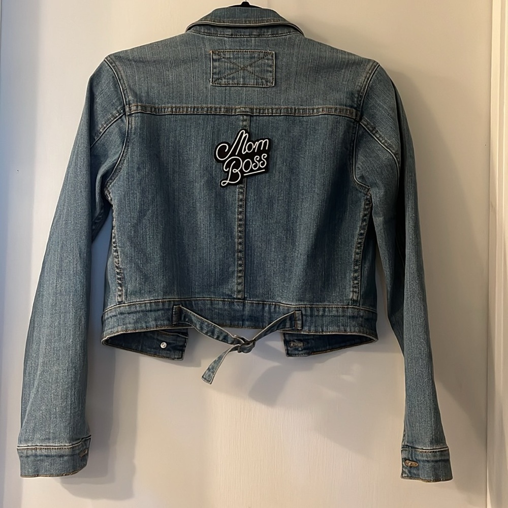 ASOS Blue Mid-wash Denim Jacket with ‘Mom Boss’ Patch
